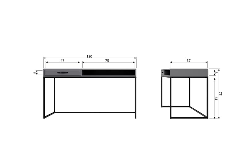 Kahe Skrivebord 130 cm med Opbevaring Skuffe + Hylde - Grå/Sort - Skrivebord