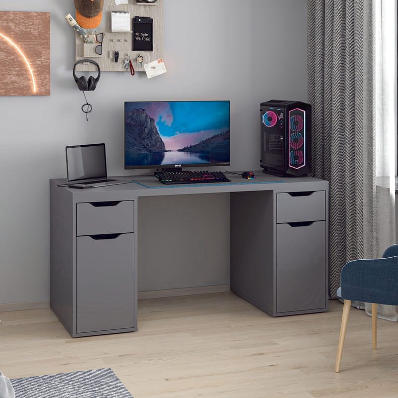 Skrivebord Kalune Design Alen 150 cm (150 x 75 x 60 cm) Antracit 2 skuffer, 2 skabe - Antracit - Møbler - Borde - Kontorbord - Skrivebord