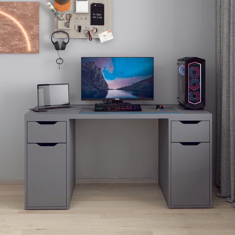 Skrivebord Kalune Design Alen 150 cm (150 x 75 x 60 cm) Antracit 2 skuffer, 2 skabe - Antracit - Møbler - Borde - Kontorbord - Skrivebord