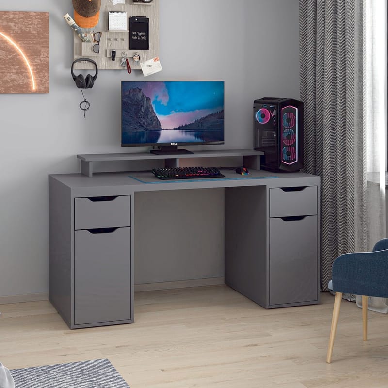 Skrivebord Kalune Design Alen 150 cm (150 x 75 x 60 cm) Antracit 2 skuffer, 2 skabe - Antracit - Møbler - Borde - Kontorbord - Skrivebord