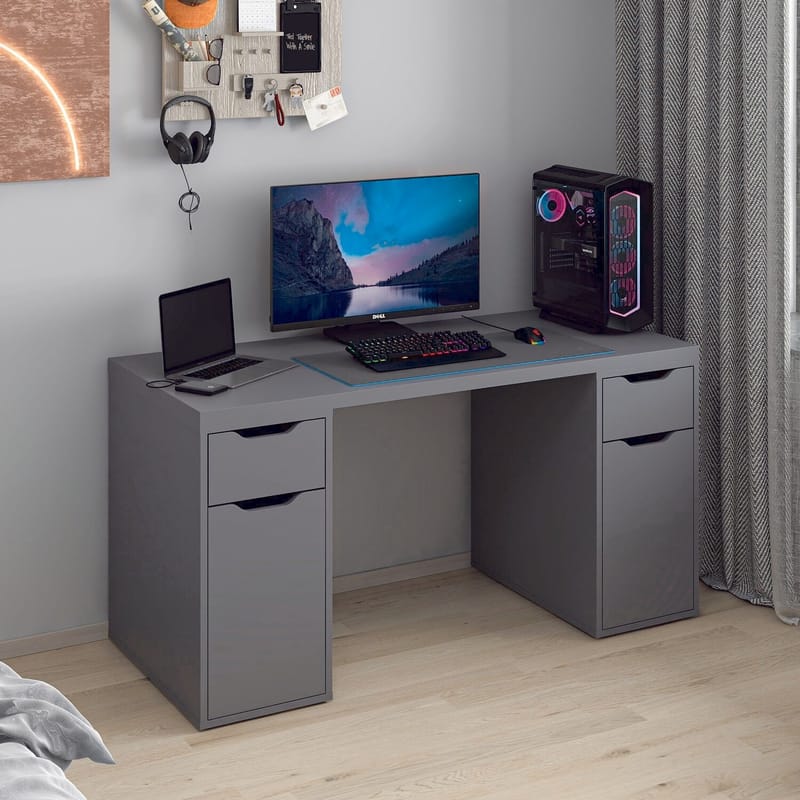 Skrivebord Kalune Design Alen 150 cm (150 x 75 x 60 cm) Antracit 2 skuffer, 2 skabe - Antracit - Møbler - Borde - Kontorbord - Skrivebord