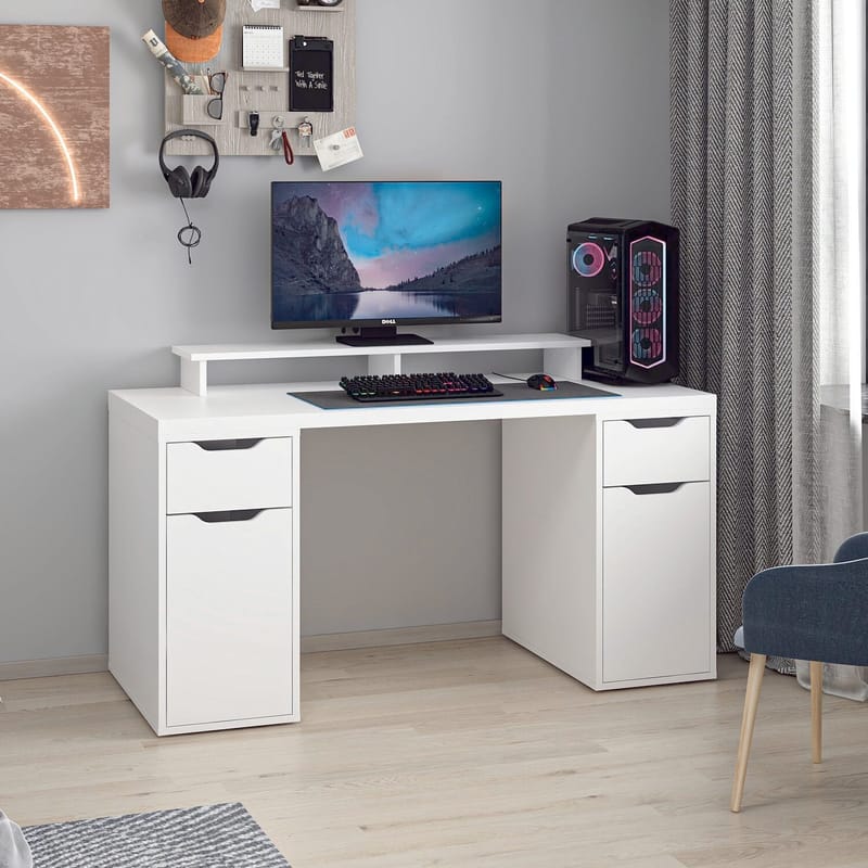 Skrivebord Kalune Design Alen 150 cm (150 x 75 x 60 cm) Hvid 2 skuffer, 2 skabe - Hvid - Møbler - Borde - Kontorbord - Skrivebord
