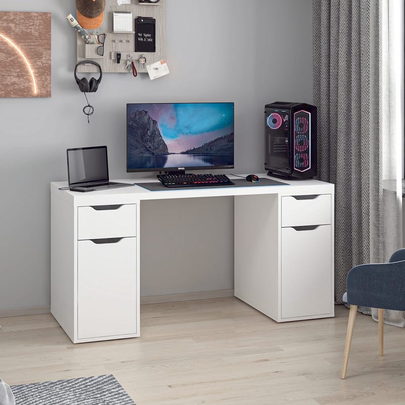Skrivebord Kalune Design Alen 150 cm (150 x 75 x 60 cm) Hvid 2 skuffer, 2 skabe - Hvid - Møbler - Borde - Kontorbord - Skrivebord