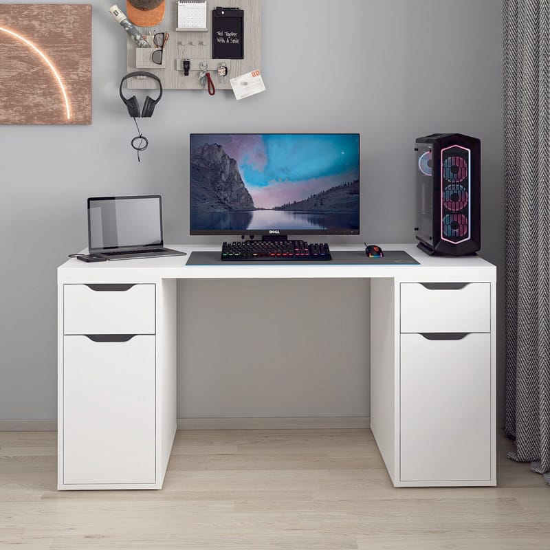 Skrivebord Kalune Design Alen 150 cm (150 x 75 x 60 cm) Hvid 2 skuffer, 2 skabe - Hvid - Møbler - Borde - Kontorbord - Skrivebord