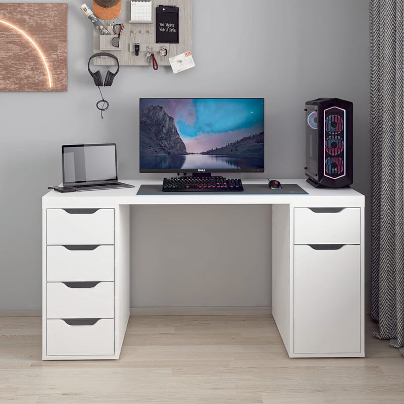 Skrivebord Kalune Design Alen 150 cm (150 x 75 x 60 cm) Hvid 5 skuffer - Hvid - Møbler - Borde - Kontorbord - Skrivebord