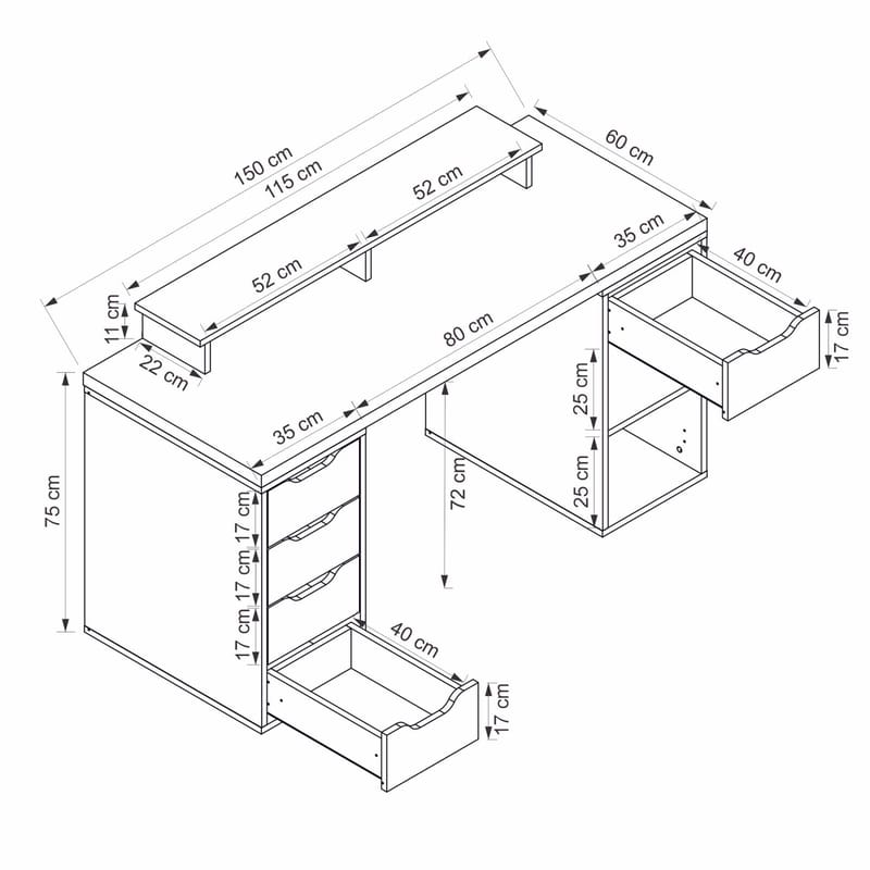 Skrivebord Kalune Design Alen 150 cm (150 x 75 x 60 cm) Hvid 5 skuffer - Hvid - Møbler - Borde - Kontorbord - Skrivebord