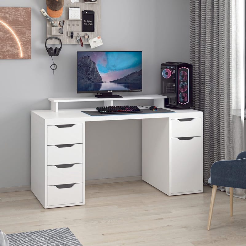 Skrivebord Kalune Design Alen 150 cm (150 x 75 x 60 cm) Hvid 5 skuffer - Hvid - Møbler - Borde - Kontorbord - Skrivebord