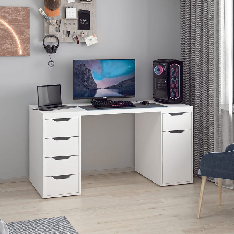 Skrivebord Kalune Design Alen 150 cm (150 x 75 x 60 cm) Hvid 5 skuffer - Hvid - Møbler - Borde - Kontorbord - Skrivebord