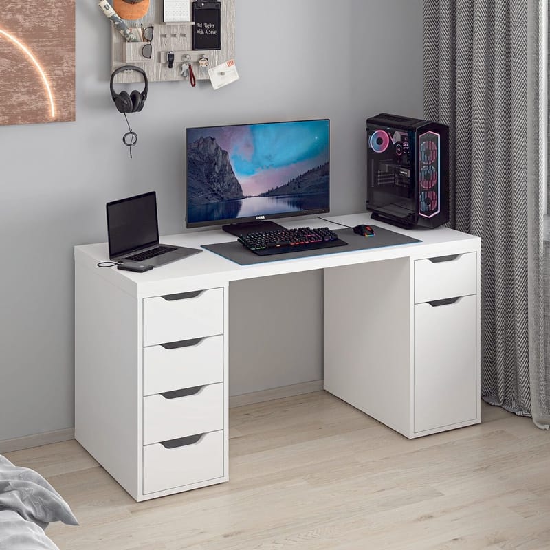 Skrivebord Kalune Design Alen 150 cm (150 x 75 x 60 cm) Hvid 5 skuffer - Hvid - Møbler - Borde - Kontorbord - Skrivebord