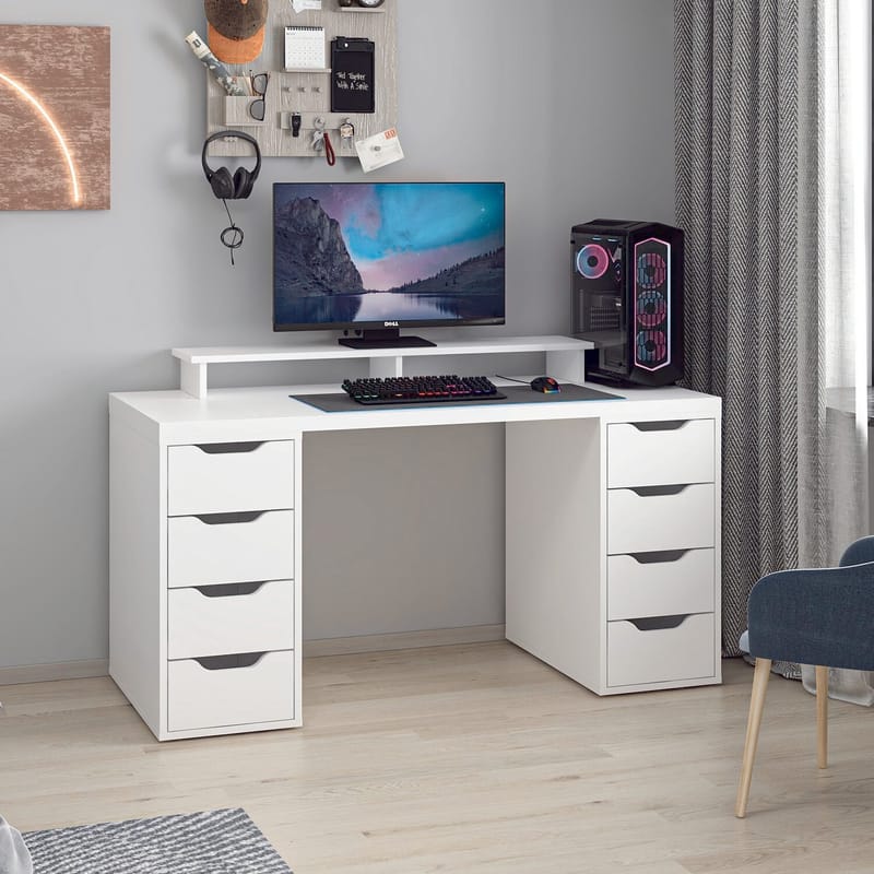 Skrivebord Kalune Design Alen 150 cm (150 x 75 x 60 cm) Hvid 8 skuffer - Hvid - Møbler - Borde - Kontorbord - Skrivebord