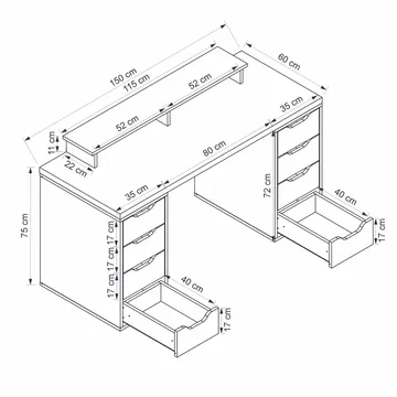 Skrivebord Kalune Design Alen 150 cm (150 x 75 x 60 cm) Hvid 8 skuffer - Hvid - Møbler - Borde - Kontorbord - Skrivebord