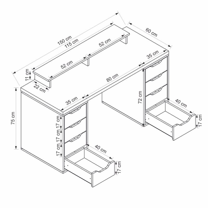 Skrivebord Kalune Design Alen 150 cm (150 x 75 x 60 cm) Hvid 8 skuffer - Hvid - Møbler - Borde - Kontorbord - Skrivebord