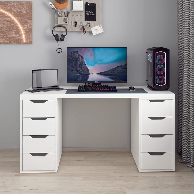 Skrivebord Kalune Design Alen 150 cm (150 x 75 x 60 cm) Hvid 8 skuffer - Hvid - Møbler - Borde - Kontorbord - Skrivebord