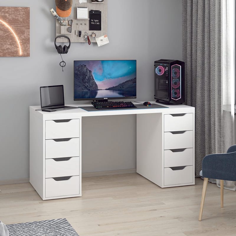 Skrivebord Kalune Design Alen 150 cm (150 x 75 x 60 cm) Hvid 8 skuffer - Hvid - Møbler - Borde - Kontorbord - Skrivebord