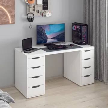 Skrivebord Kalune Design Alen 150 cm (150 x 75 x 60 cm) Hvid 8 skuffer - Hvid - Møbler - Borde - Kontorbord - Skrivebord