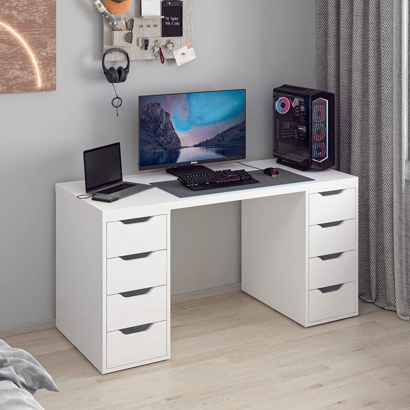 Skrivebord Kalune Design Alen 150 cm (150 x 75 x 60 cm) Hvid 8 skuffer - Hvid - Møbler - Borde - Kontorbord - Skrivebord