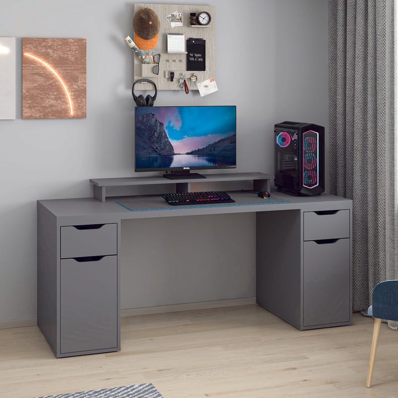 Skrivebord Kalune Design Alen 180 cm (180 x 75 x 60 cm) Antracit 2 skuffer, 2 skabe - Antracit - Møbler - Borde - Kontorbord - Skrivebord