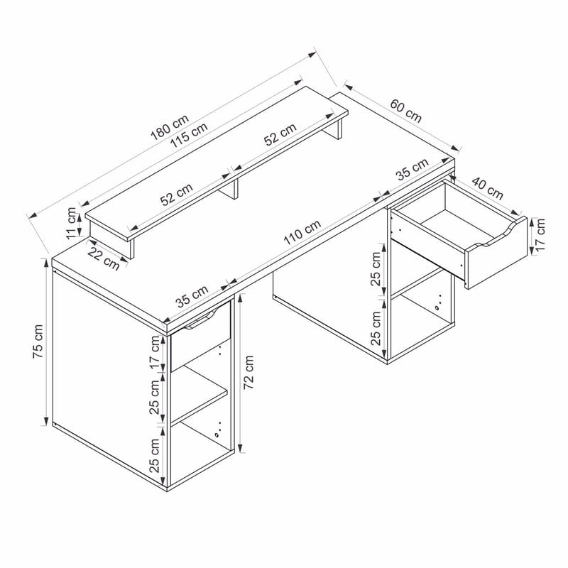 Skrivebord Kalune Design Alen 180 cm (180 x 75 x 60 cm) Antracit 2 skuffer, 2 skabe - Antracit - Møbler - Borde - Kontorbord - Skrivebord