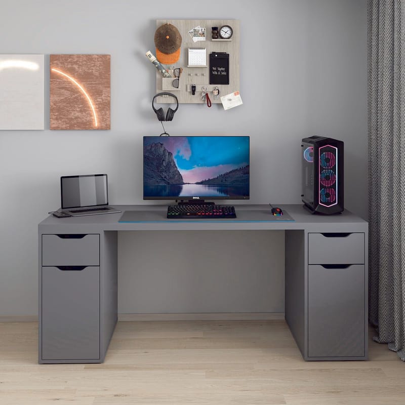 Skrivebord Kalune Design Alen 180 cm (180 x 75 x 60 cm) Antracit 2 skuffer, 2 skabe - Antracit - Møbler - Borde - Kontorbord - Skrivebord