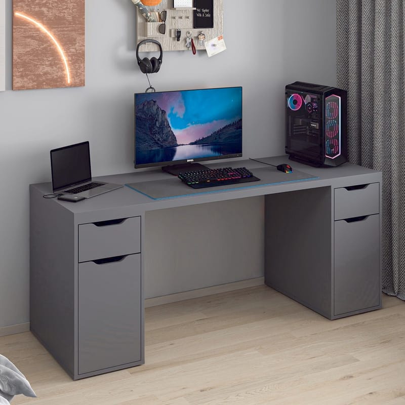 Skrivebord Kalune Design Alen 180 cm (180 x 75 x 60 cm) Antracit 2 skuffer, 2 skabe - Antracit - Møbler - Borde - Kontorbord - Skrivebord