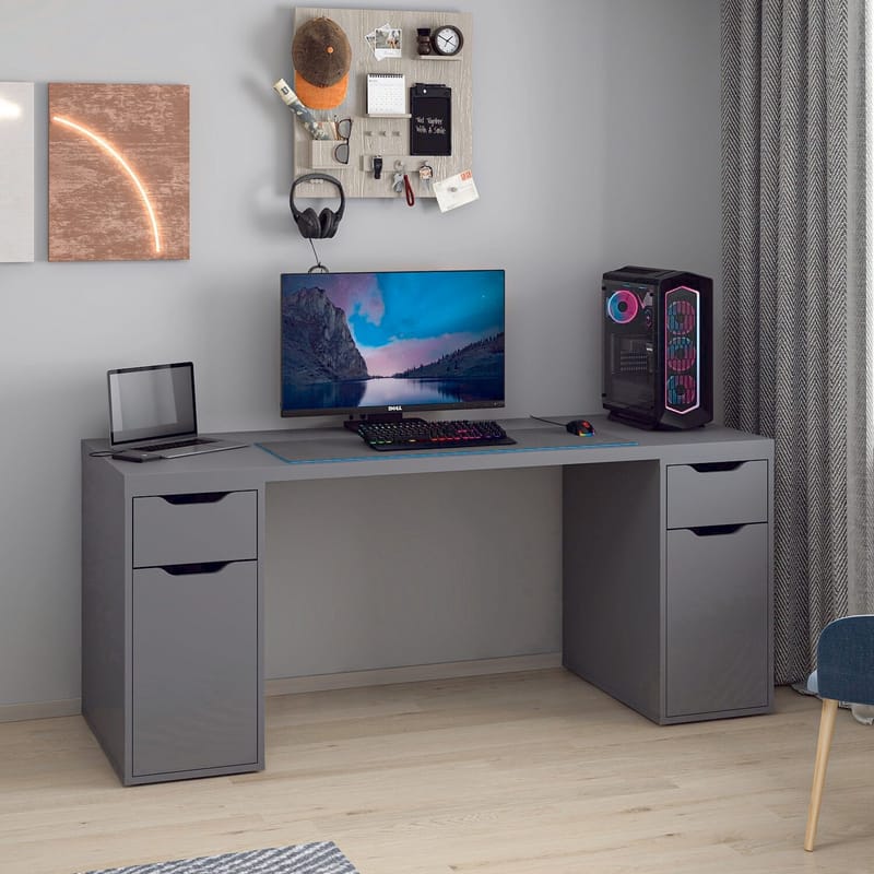 Skrivebord Kalune Design Alen 180 cm (180 x 75 x 60 cm) Antracit 2 skuffer, 2 skabe - Antracit - Møbler - Borde - Kontorbord - Skrivebord