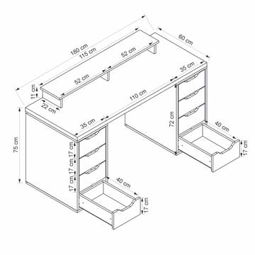 Skrivebord Kalune Design Alen 180 cm (180 x 75 x 60 cm) Antracit 8 skuffer - Antracit - Møbler - Borde - Kontorbord - Skrivebord