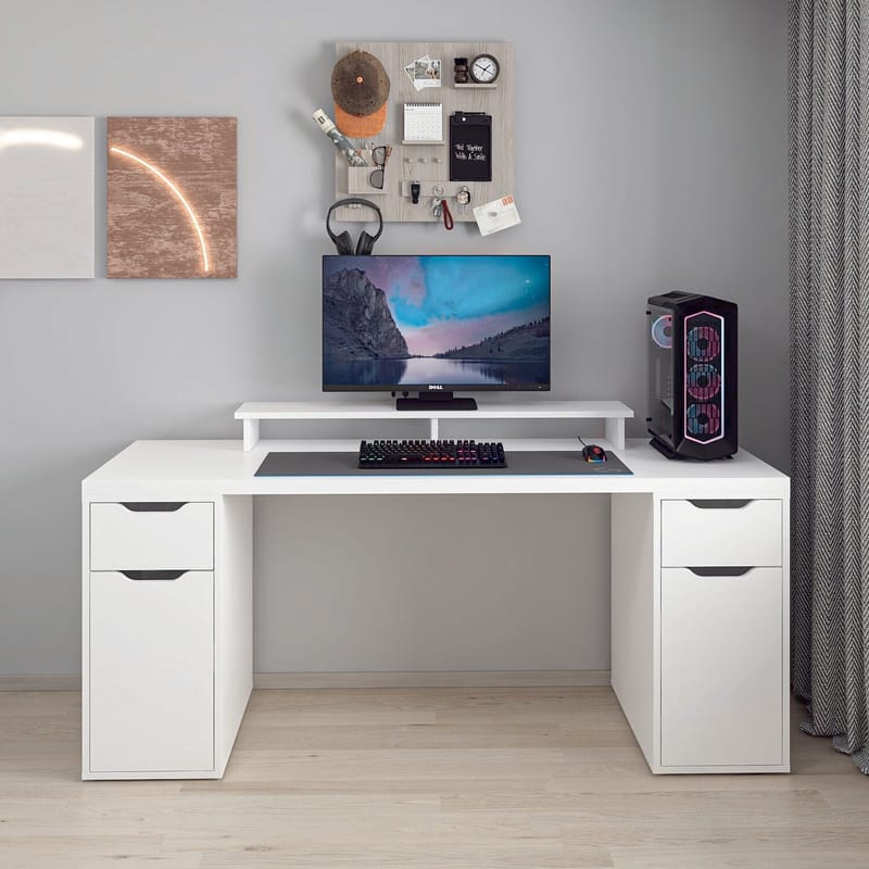 Skrivebord Kalune Design Alen 180 cm (180 x 75 x 60 cm) Hvid 2 skuffer, 2 skabe - Hvid - Møbler - Borde - Kontorbord - Skrivebord
