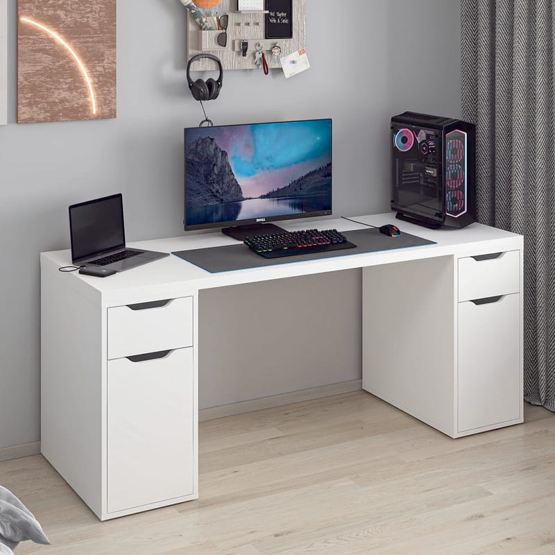Skrivebord Kalune Design Alen 180 cm (180 x 75 x 60 cm) Hvid 2 skuffer, 2 skabe - Hvid - Møbler - Borde - Kontorbord - Skrivebord
