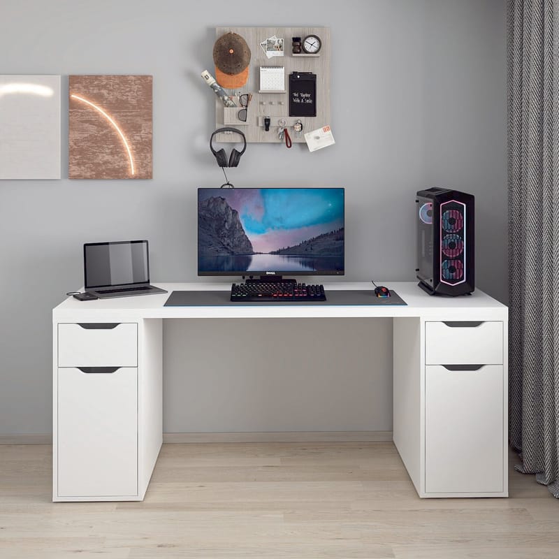 Skrivebord Kalune Design Alen 180 cm (180 x 75 x 60 cm) Hvid 2 skuffer, 2 skabe - Hvid - Møbler - Borde - Kontorbord - Skrivebord