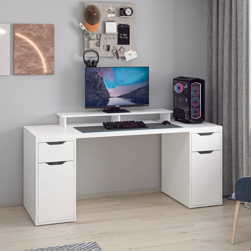 Skrivebord Kalune Design Alen 180 cm (180 x 75 x 60 cm) Hvid 2 skuffer, 2 skabe - Hvid - Møbler - Borde - Kontorbord - Skrivebord