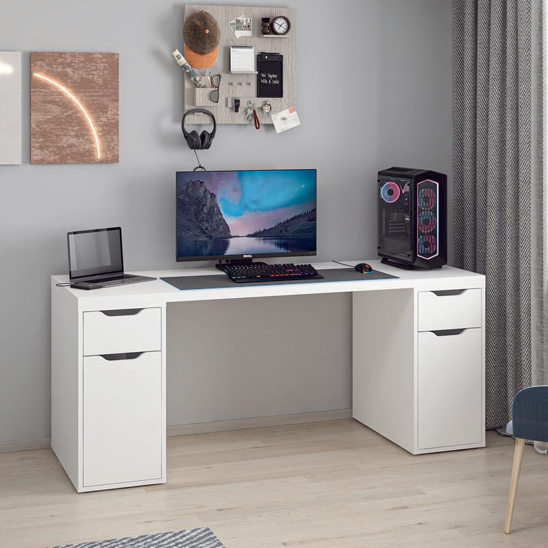 Skrivebord Kalune Design Alen 180 cm (180 x 75 x 60 cm) Hvid 2 skuffer, 2 skabe - Hvid - Møbler - Borde - Kontorbord - Skrivebord