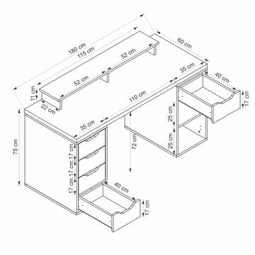 Skrivebord Kalune Design Alen 180 cm (180 x 75 x 60 cm) Hvid 5 skabe - Hvid - Møbler - Borde - Kontorbord - Skrivebord