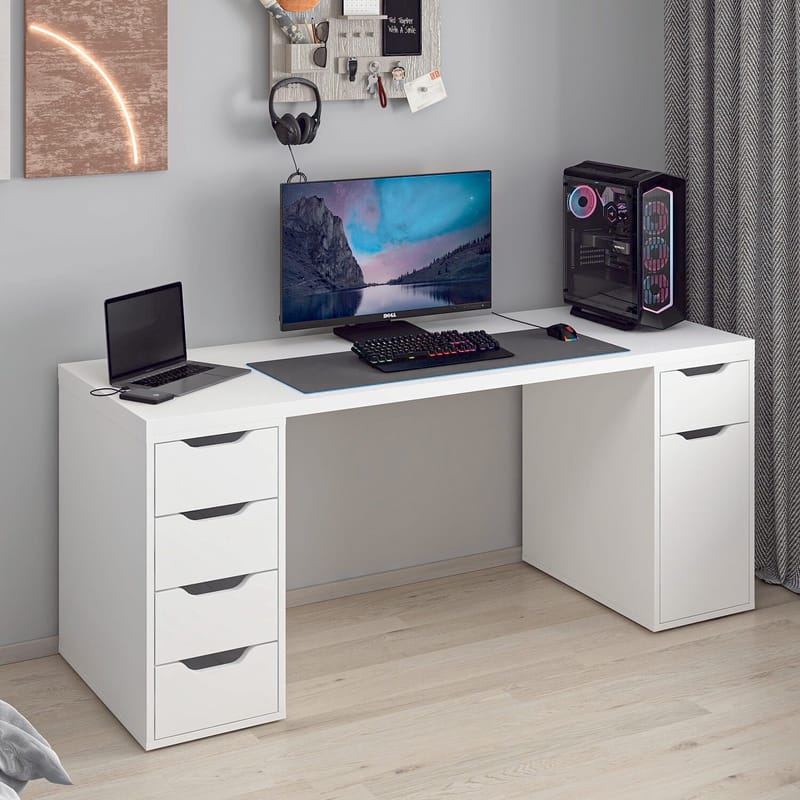 Skrivebord Kalune Design Alen 180 cm (180 x 75 x 60 cm) Hvid 5 skabe - Hvid - Møbler - Borde - Kontorbord - Skrivebord