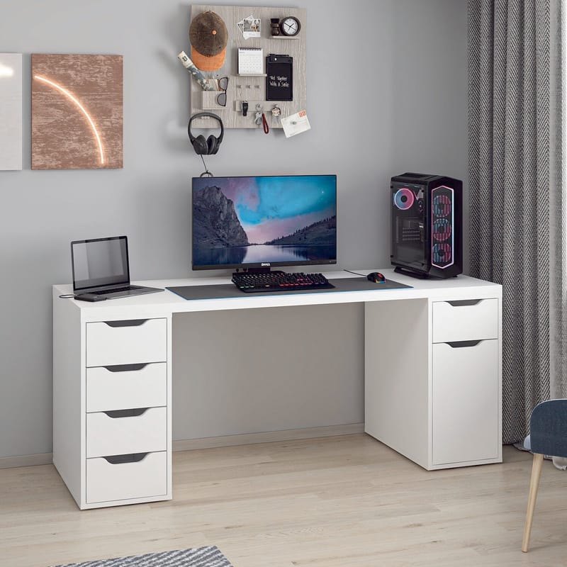 Skrivebord Kalune Design Alen 180 cm (180 x 75 x 60 cm) Hvid 5 skabe - Hvid - Møbler - Borde - Kontorbord - Skrivebord