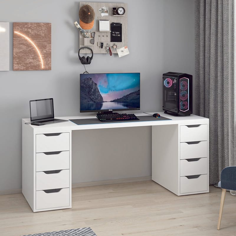 Skrivebord Kalune Design Alen 180 cm (180 x 75 x 60 cm) Hvid 8 skuffer - Hvid - Møbler - Borde - Kontorbord - Skrivebord