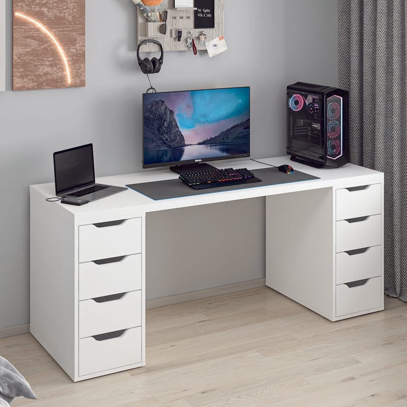 Skrivebord Kalune Design Alen 180 cm (180 x 75 x 60 cm) Hvid 8 skuffer - Hvid - Møbler - Borde - Kontorbord - Skrivebord
