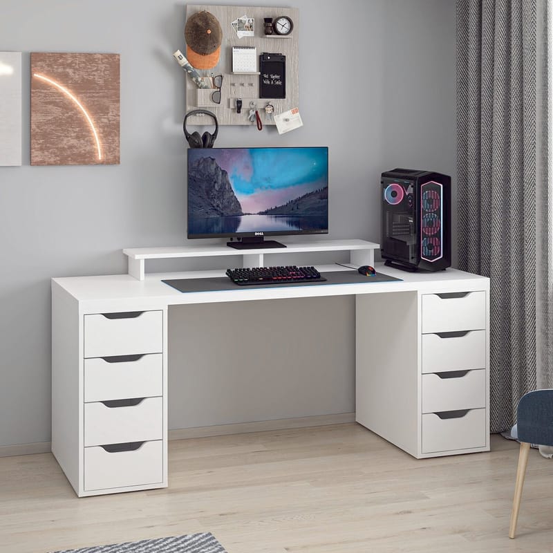 Skrivebord Kalune Design Alen 180 cm (180 x 75 x 60 cm) Hvid 8 skuffer - Hvid - Møbler - Borde - Kontorbord - Skrivebord