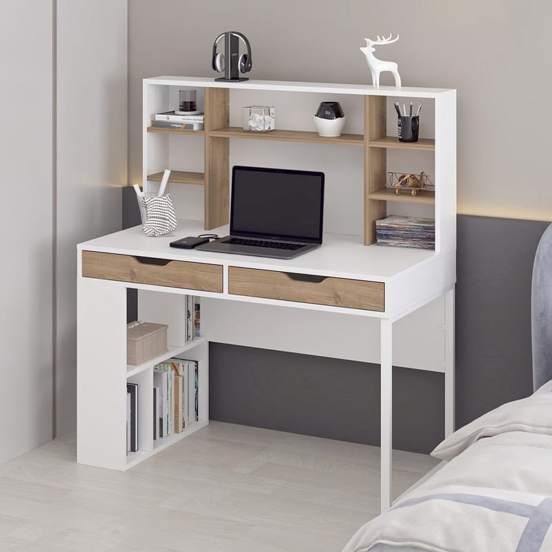 Skrivebord Kalune Design Mila (120 x 132 x 60 cm) Hvid valnød - Hvid og valnød - Møbler - Borde - Kontorbord - Skrivebord
