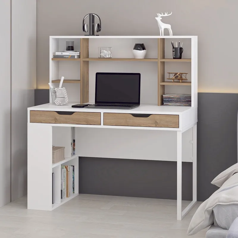 Skrivebord Kalune Design Mila (120 x 132 x 60 cm) Hvid valnød - Hvid og valnød - Møbler - Borde - Kontorbord - Skrivebord