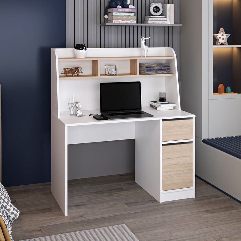 Skrivebord Kalune Design Orina (120 x 135 x 60 cm) Hvid valnød - Hvid og valnød - Møbler - Borde - Kontorbord - Skrivebord