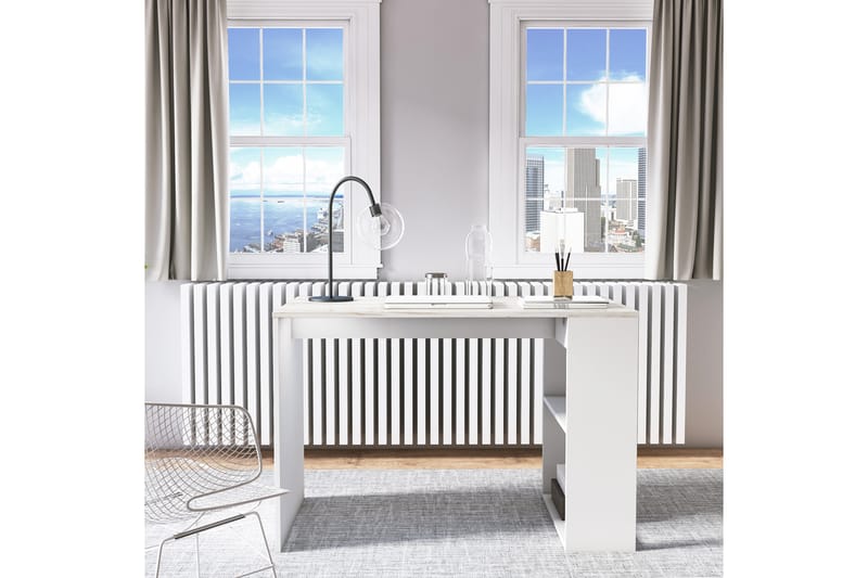 Karakum Skrivebord 112 cm med Opbevaring Hylde Marmormønster - Hvid - Skrivebord