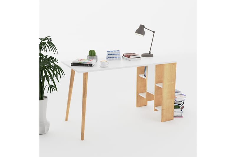Keachi Hvido Skrivebord 120 cm med Opbevaring Hylder - Natur/Hvid - Skrivebord