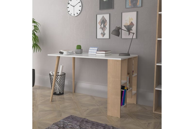 Keachi Hvido Skrivebord 120 cm med Opbevaring Hylder - Natur/Hvid - Skrivebord