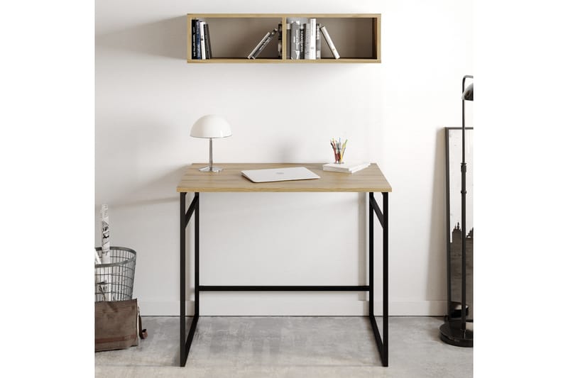 Klingbo Skrivebord 90 cm med Opbevaring Væghylde - Brun/Hvid/Sort - Møbler - Borde - Kontorbord - Skrivebord