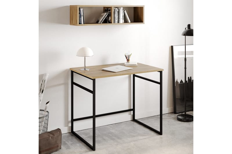 Klingbo Skrivebord 90 cm med Opbevaring Væghylde - Brun/Hvid/Sort - Møbler - Borde - Kontorbord - Skrivebord