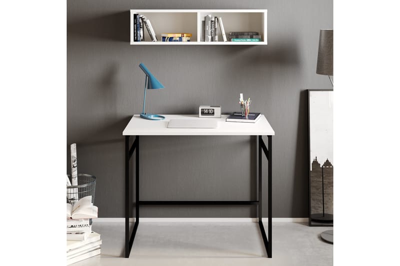 Klingbo Skrivebord 90 cm med Opbevaring Væghylde - Hvid/Sort - Møbler - Borde - Kontorbord - Skrivebord