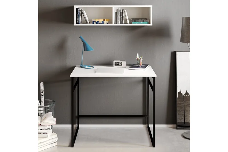 Klingbo Skrivebord 90 cm med Opbevaring Væghylde, Hvid/Sort