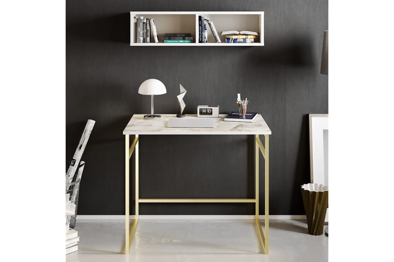 Klingbo Skrivebord 90 cm med Opbevaring Væghylde Marmormønst - Hvid - Møbler - Borde - Kontorbord - Skrivebord