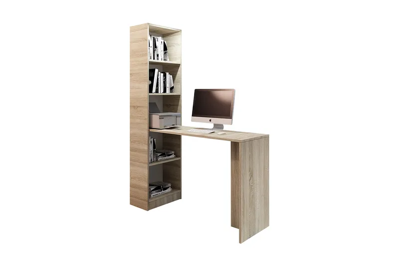 Kylien Skrivebord 125cm LED-belysning Opbevaring Bogreol Hvi, Egetræsfarvet