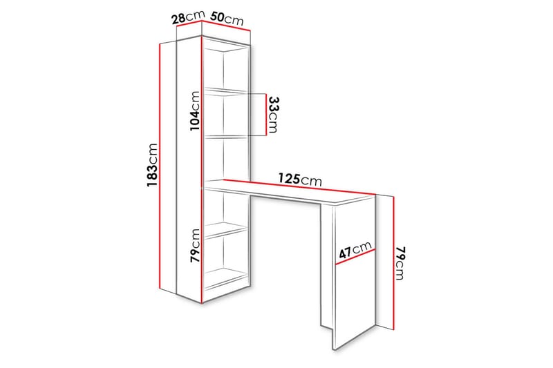 Kylien Skrivebord 125cm LED-belysning Opbevaring Bogreol Hvi - Hvid - Møbler - Borde - Kontorbord - Skrivebord